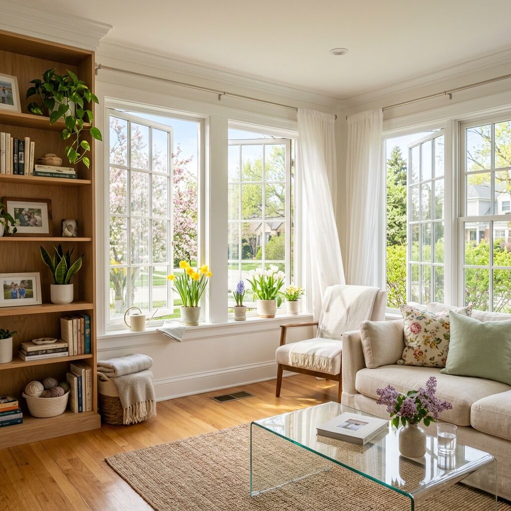 Bright, freshly spring-cleaned living room in an Effingham, IL home with open windows and spring flowers